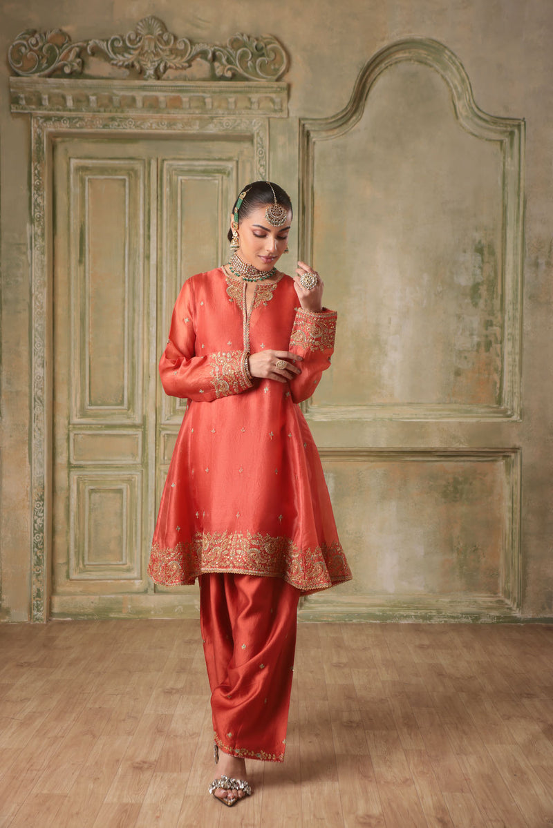 Zar-Rang Orange Short Pheran Kurta Set organza kurta/kurta set by Niti Bothra in orange for women in Singapore