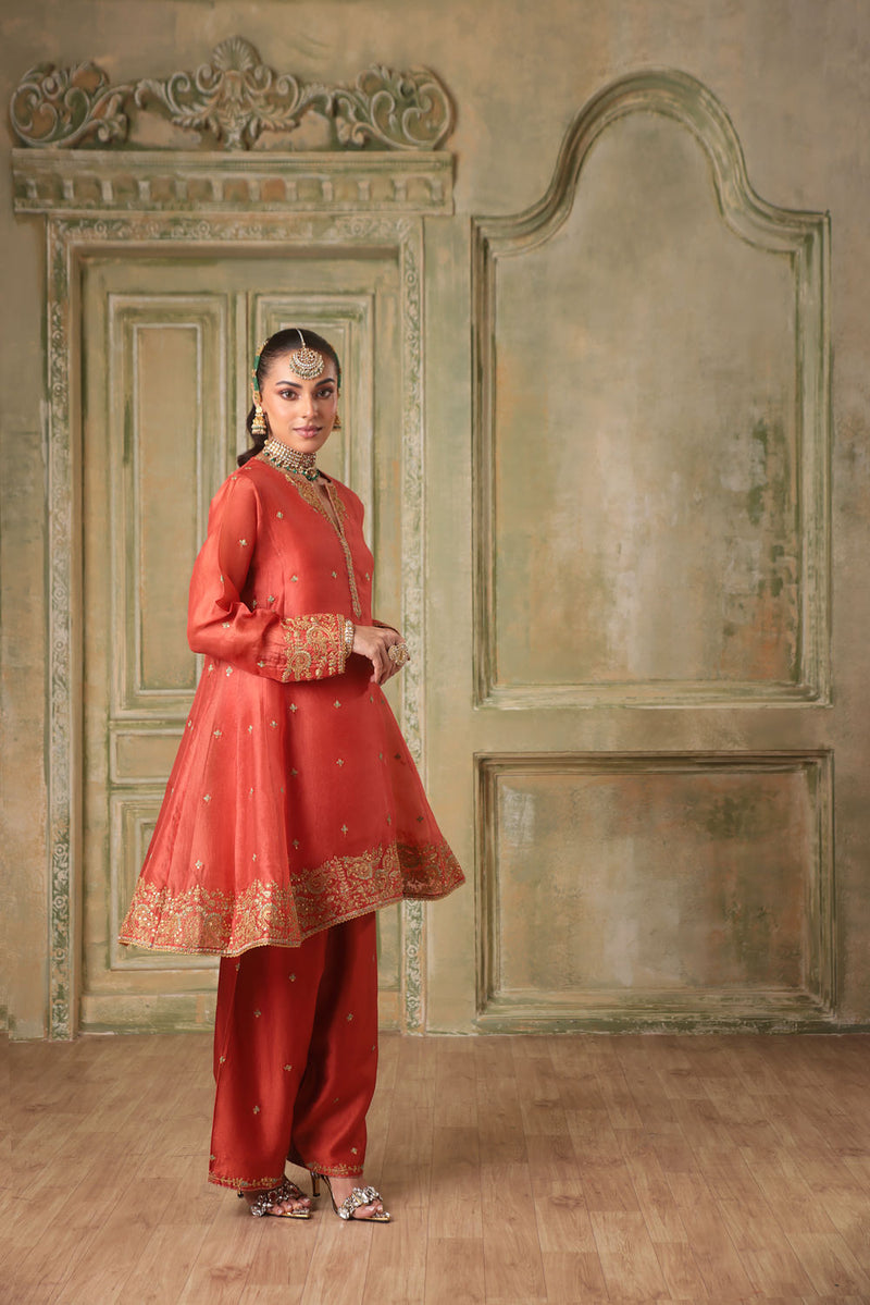 Zar-Rang Orange Short Pheran Kurta Set organza kurta/kurta set by Niti Bothra in orange for women in Singapore