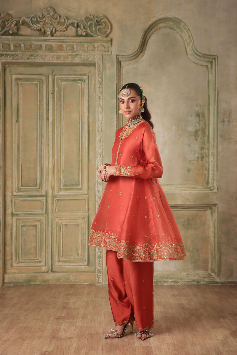 Zar-Rang Orange Short Pheran Kurta Set organza kurta/kurta set by Niti Bothra in orange for women in Singapore