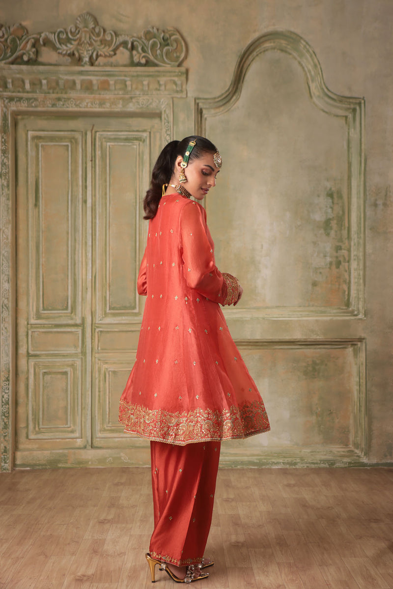 Zar-Rang Orange Short Pheran Kurta Set organza kurta/kurta set by Niti Bothra in orange for women in Singapore