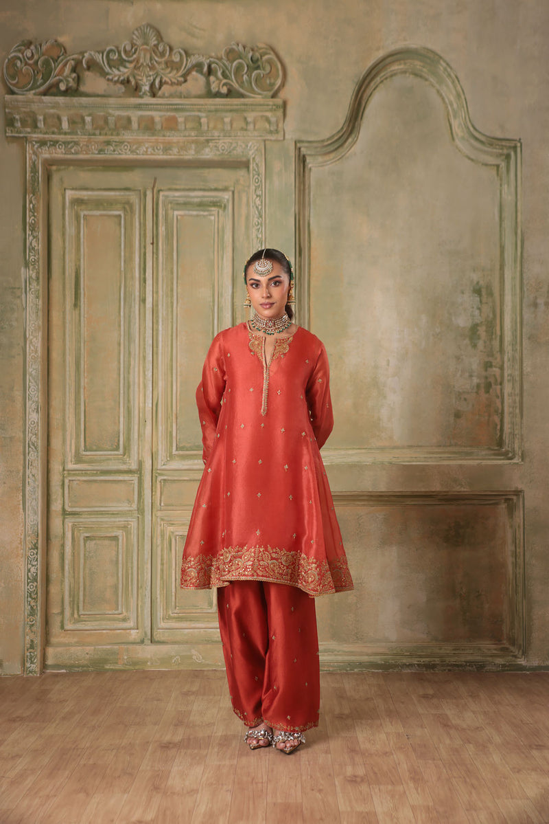Zar-Rang Orange Short Pheran Kurta Set organza kurta/kurta set by Niti Bothra in orange for women in Singapore
