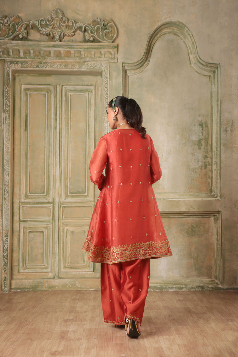 Zar-Rang Orange Short Pheran Kurta Set organza kurta/kurta set by Niti Bothra in orange for women in Singapore