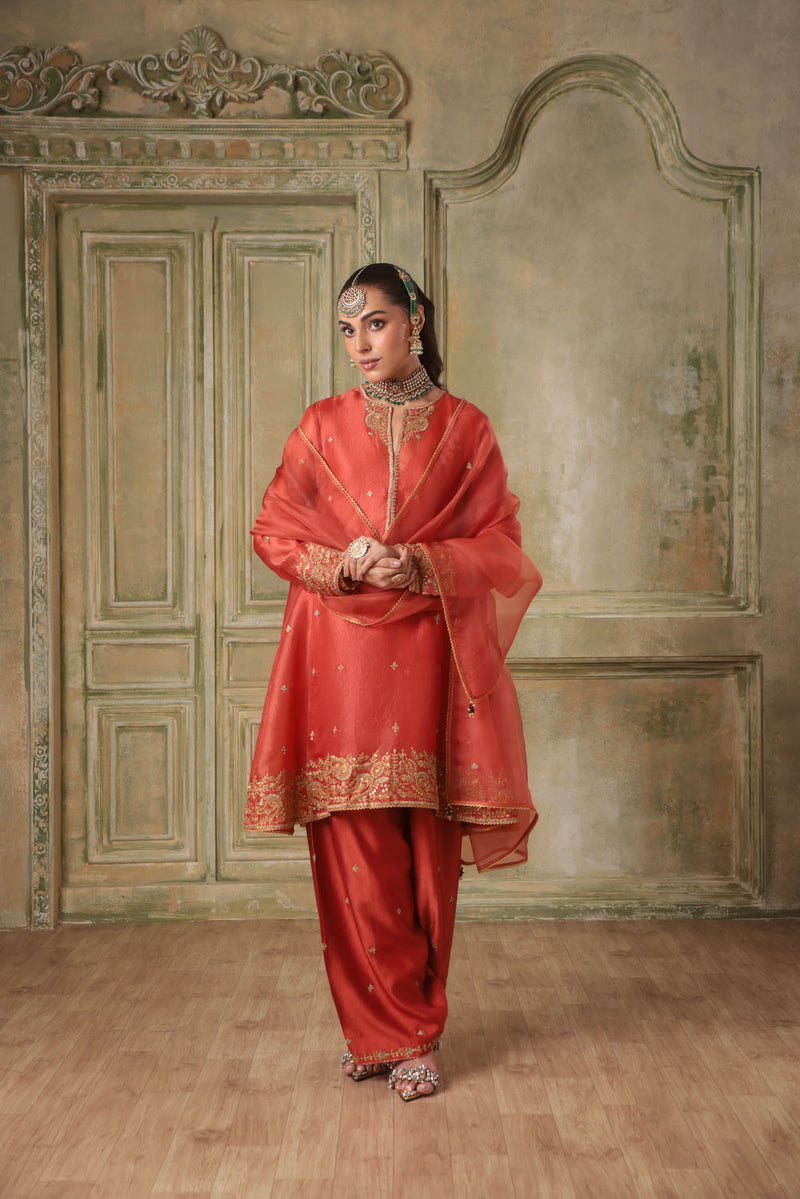 Zar-Rang Orange Short Pheran Kurta Set organza kurta/kurta set by Niti Bothra in orange for women in Singapore
