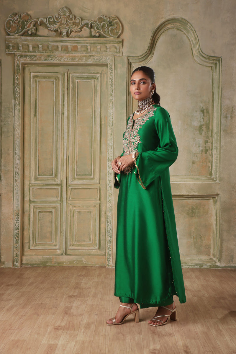 Zar-Rang Green Heavy Neck Kurta Set chiniya silk kurta/kurta set by Niti Bothra in green for women in Singapore