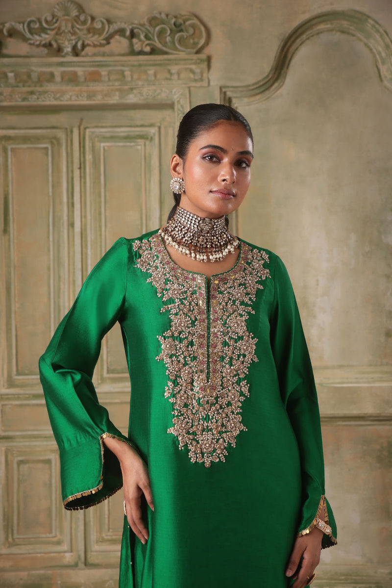Zar-Rang Green Heavy Neck Kurta Set chiniya silk kurta/kurta set by Niti Bothra in green for women in Singapore