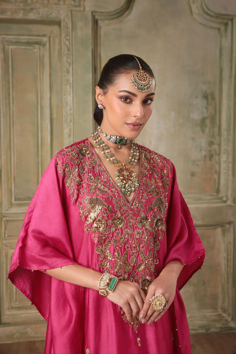 Zar-Rang Pink Kaftan Set chiniya silk indo-western by Niti Bothra in pink for women in Singapore
