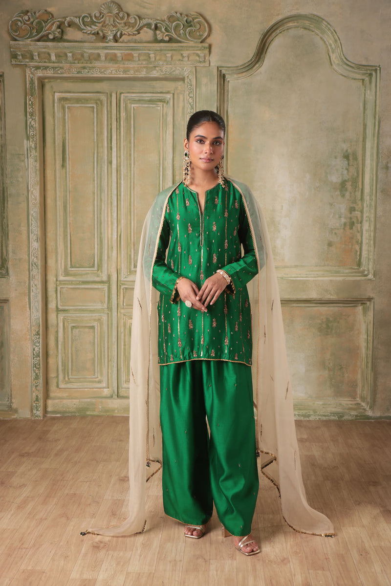 Zar-Rang Green Short Buti Kurta Set silk chanderi kurta/kurta set by Niti Bothra in green for women in Singapore