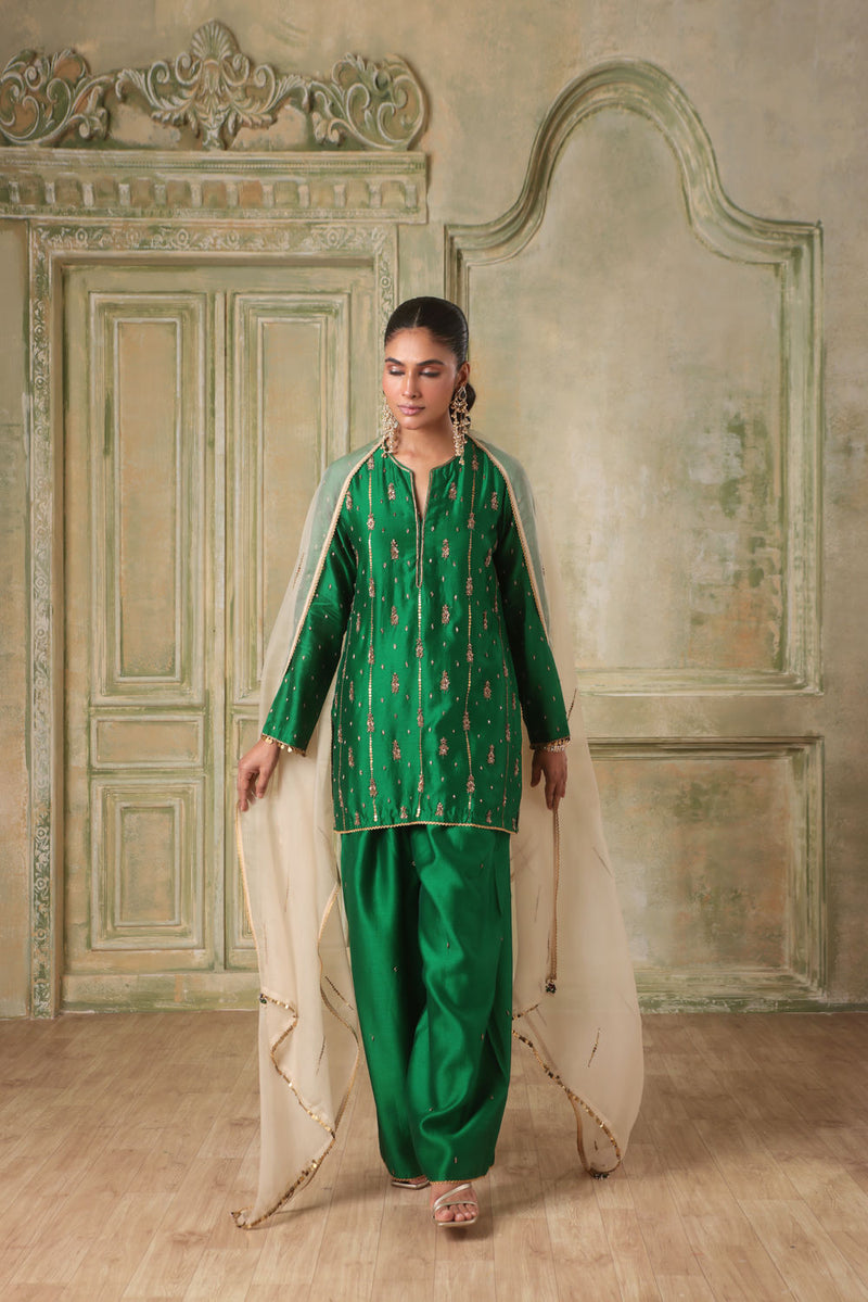 Zar-Rang Green Short Buti Kurta Set silk chanderi kurta/kurta set by Niti Bothra in green for women in Singapore