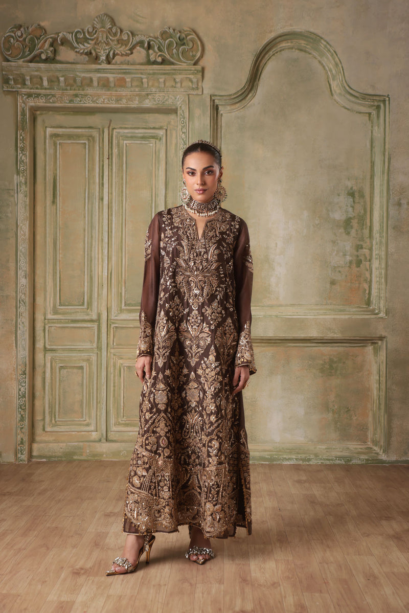 Zar-Rang Brown Heavy Jaal Kaftan Set organza kurta/kurta set by Niti Bothra in brown for women in Singapore