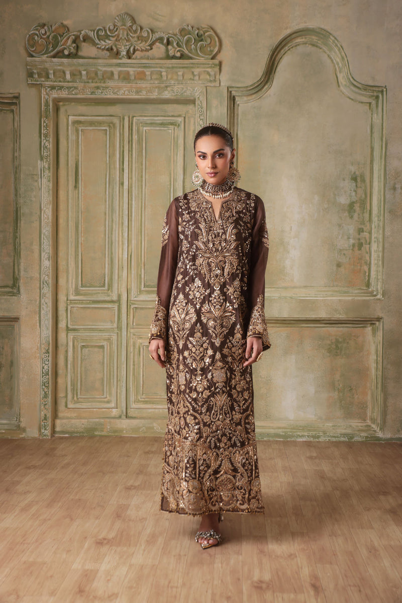 Zar-Rang Brown Heavy Jaal Kaftan Set organza kurta/kurta set by Niti Bothra in brown for women in Singapore
