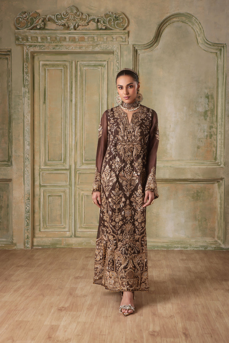Zar-Rang Brown Heavy Jaal Kaftan Set organza kurta/kurta set by Niti Bothra in brown for women in Singapore