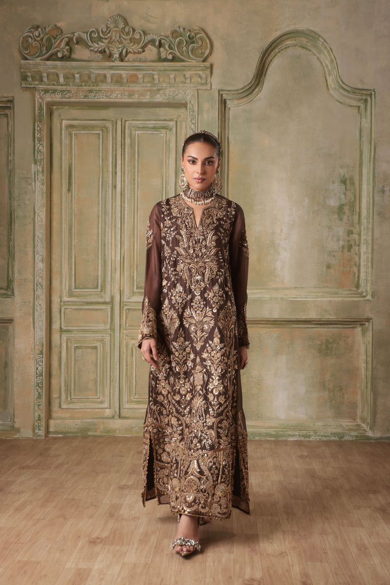 Zar-Rang Brown Heavy Jaal Kaftan Set organza kurta/kurta set by Niti Bothra in brown for women in Singapore