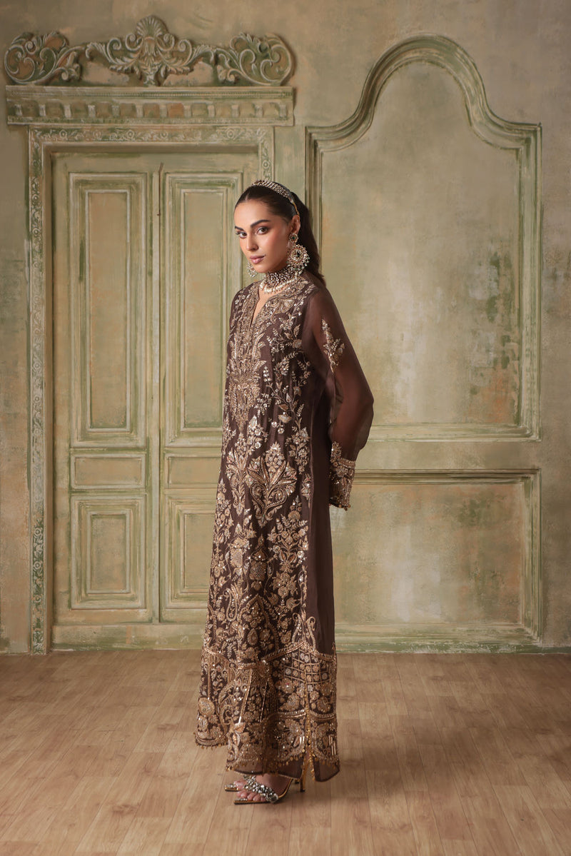 Zar-Rang Brown Heavy Jaal Kaftan Set organza kurta/kurta set by Niti Bothra in brown for women in Singapore