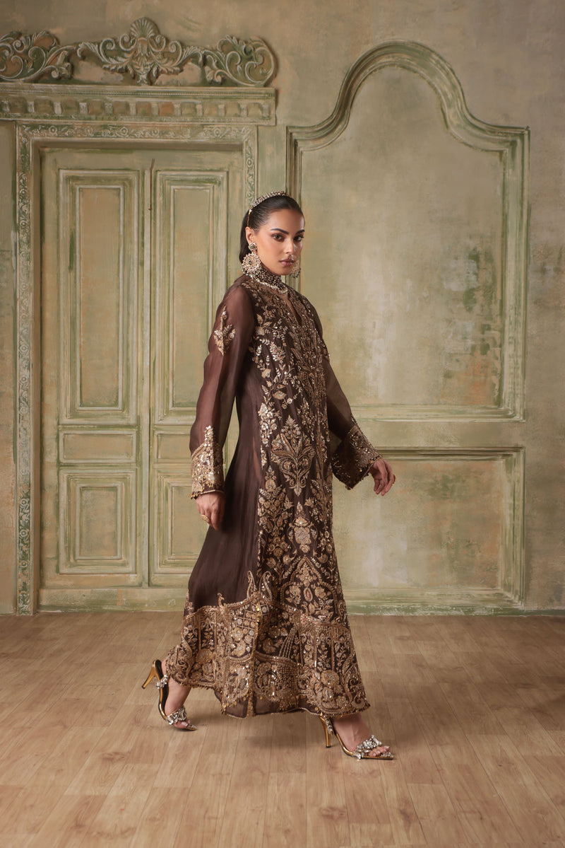 Zar-Rang Brown Heavy Jaal Kaftan Set organza kurta/kurta set by Niti Bothra in brown for women in Singapore