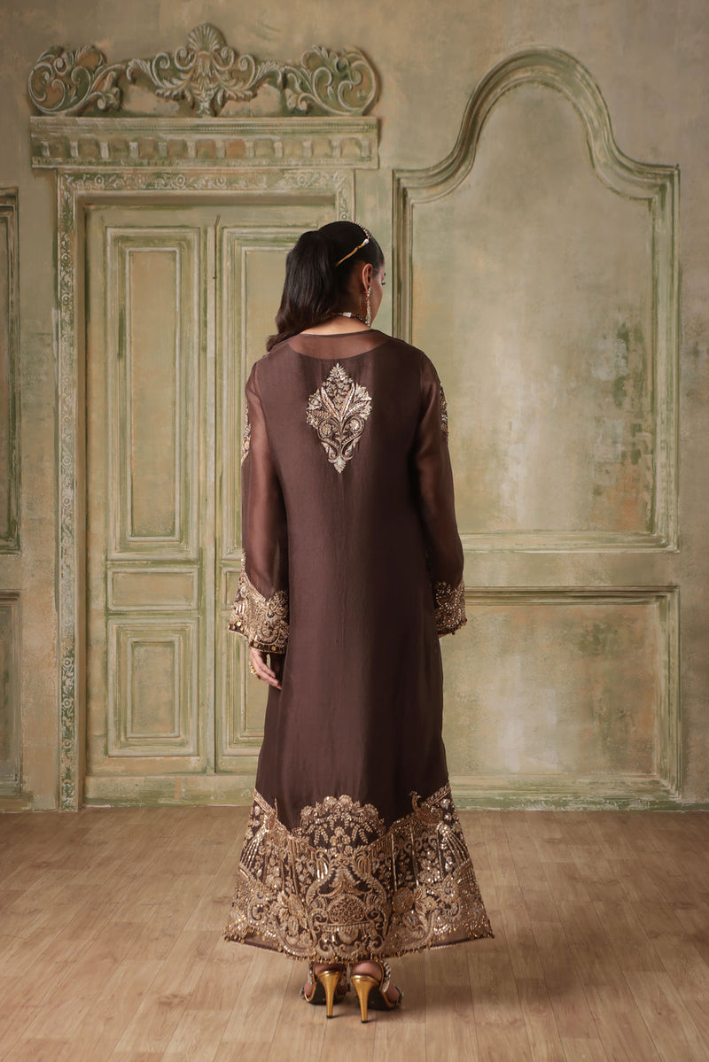 Zar-Rang Brown Heavy Jaal Kaftan Set organza kurta/kurta set by Niti Bothra in brown for women in Singapore