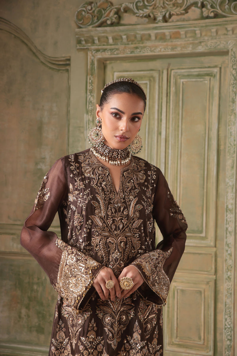 Zar-Rang Brown Heavy Jaal Kaftan Set organza kurta/kurta set by Niti Bothra in brown for women in Singapore