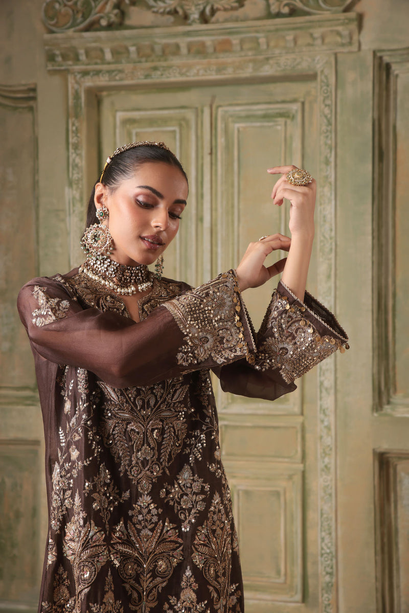 Zar-Rang Brown Heavy Jaal Kaftan Set organza kurta/kurta set by Niti Bothra in brown for women in Singapore