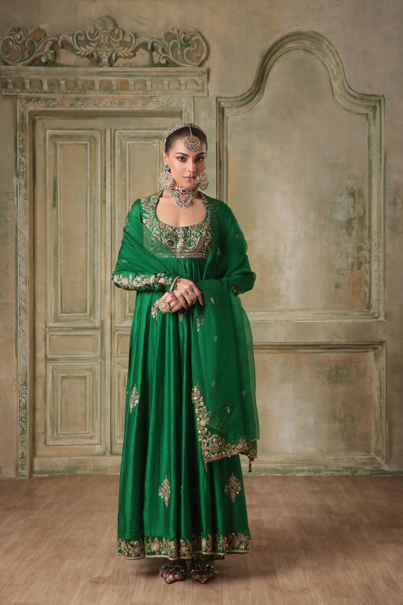 Zar-Rang Green Kalidaar Set silk chanderi kurta/kurta set by Niti Bothra in green for women in Singapore