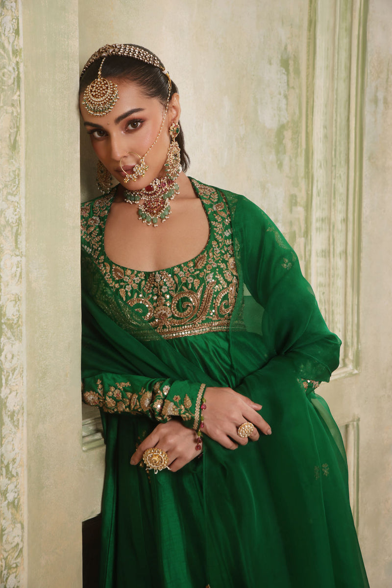 Zar-Rang Green Kalidaar Set silk chanderi kurta/kurta set by Niti Bothra in green for women in Singapore