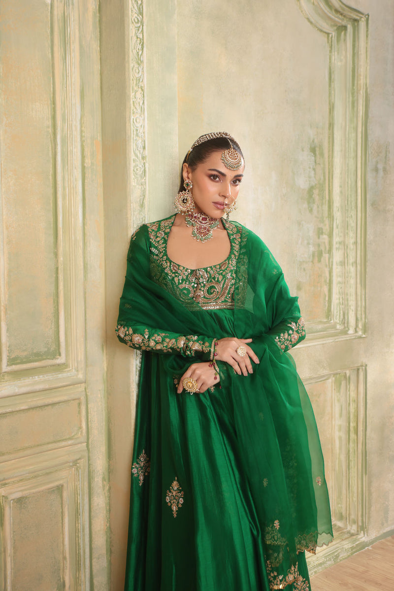 Zar-Rang Green Kalidaar Set silk chanderi kurta/kurta set by Niti Bothra in green for women in Singapore