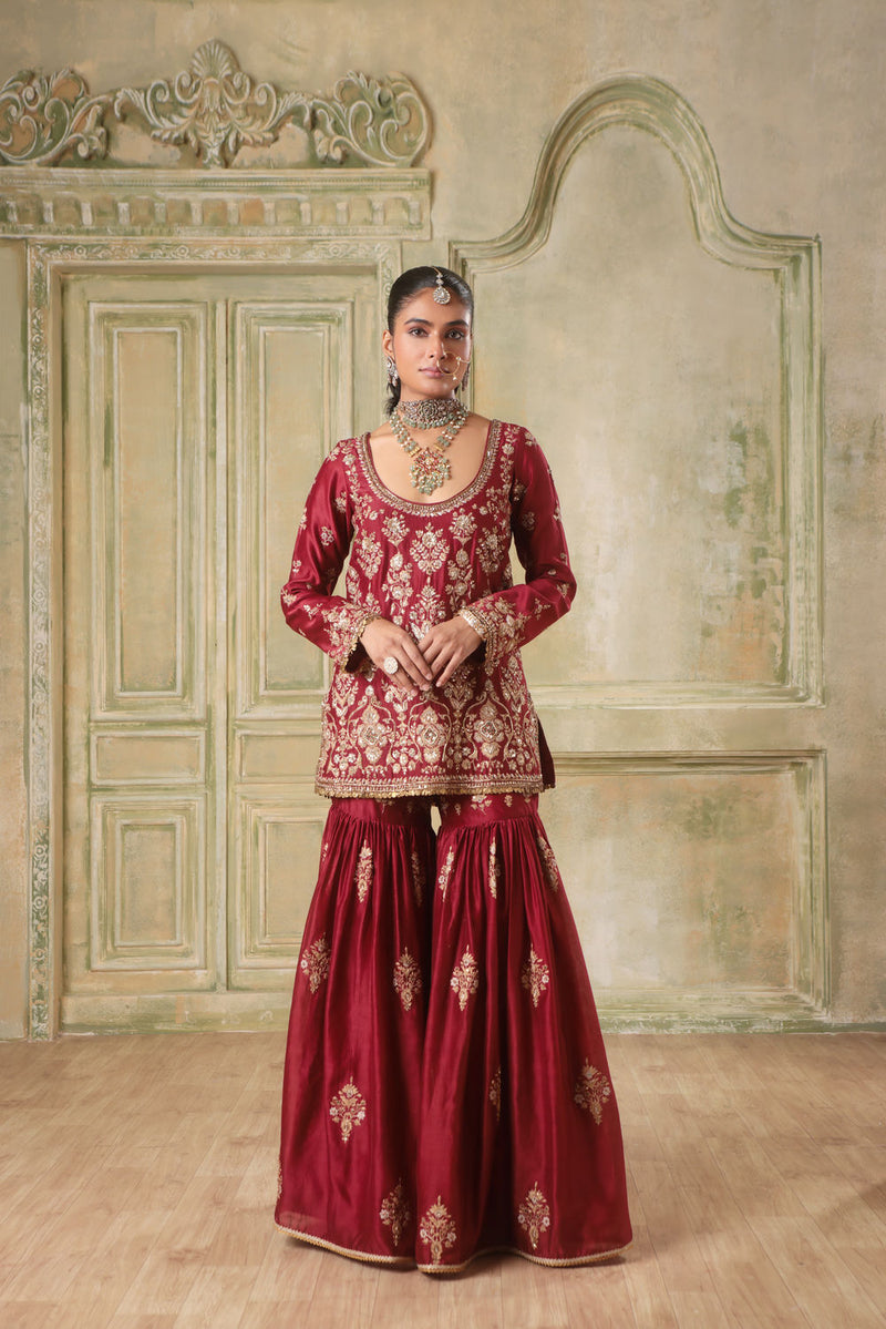 Zar-Rang Maroon Sharara Set silk chanderi kurta/kurta set by Niti Bothra in maroon for women in Singapore