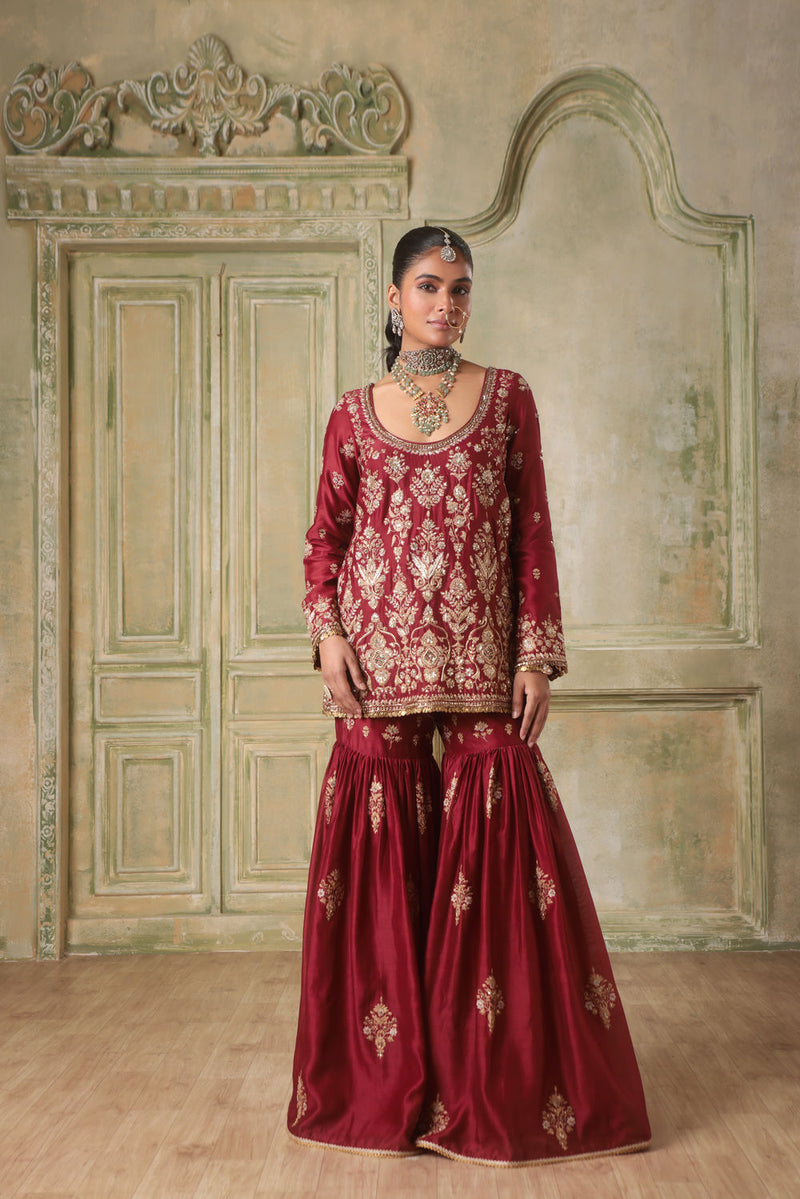Zar-Rang Maroon Sharara Set silk chanderi kurta/kurta set by Niti Bothra in maroon for women in Singapore