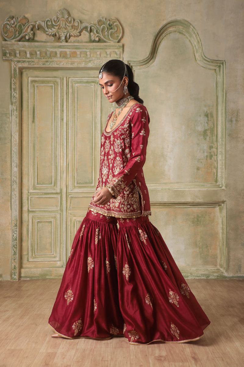 Zar-Rang Maroon Sharara Set silk chanderi kurta/kurta set by Niti Bothra in maroon for women in Singapore