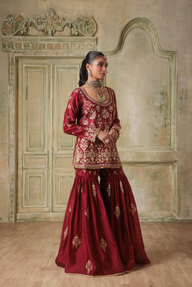 Zar-Rang Maroon Sharara Set silk chanderi kurta/kurta set by Niti Bothra in maroon for women in Singapore