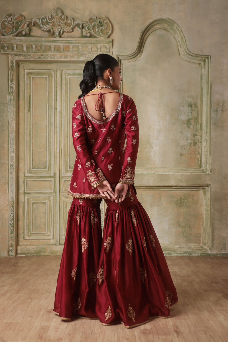 Zar-Rang Maroon Sharara Set silk chanderi kurta/kurta set by Niti Bothra in maroon for women in Singapore