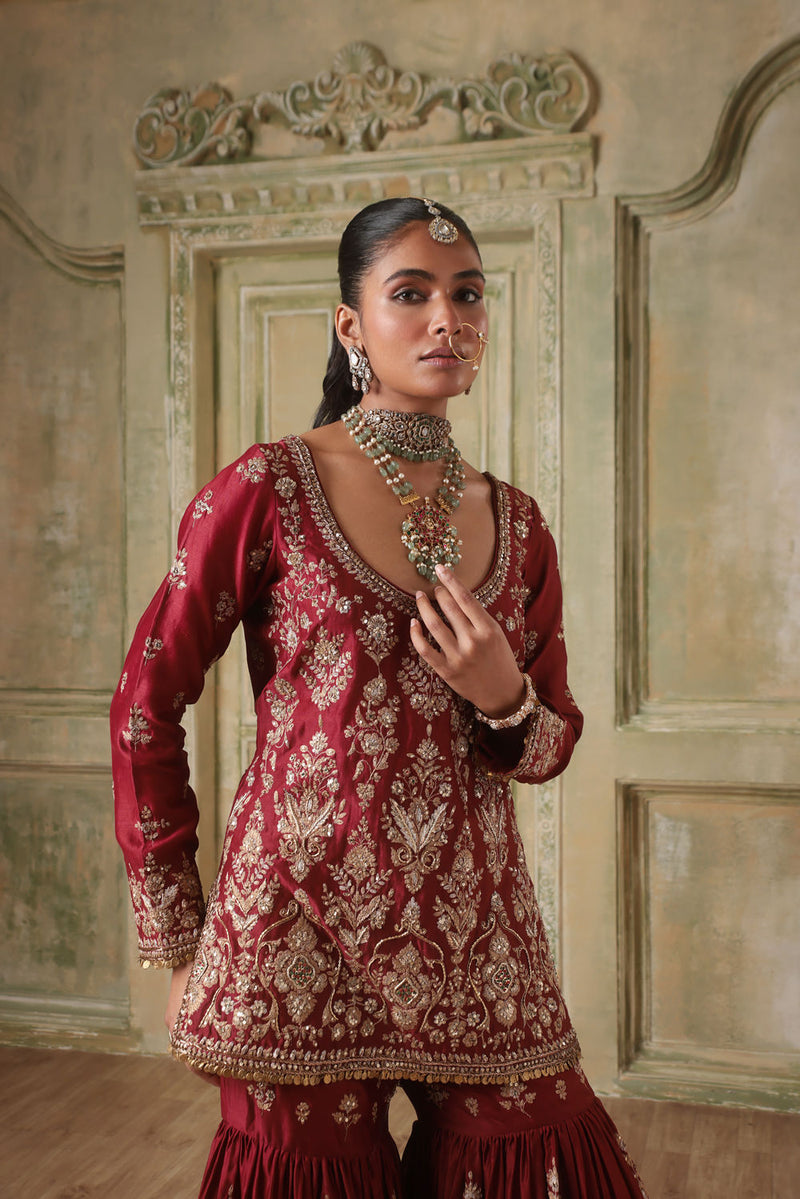 Zar-Rang Maroon Sharara Set silk chanderi kurta/kurta set by Niti Bothra in maroon for women in Singapore