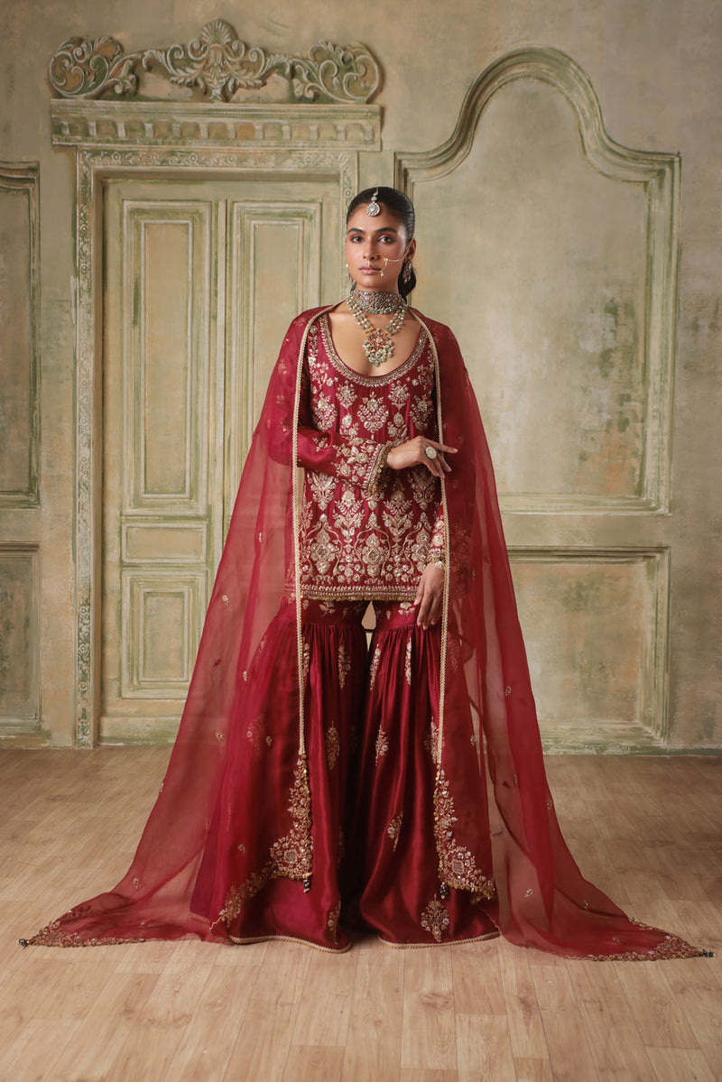 Zar-Rang Maroon Sharara Set silk chanderi kurta/kurta set by Niti Bothra in maroon for women in Singapore