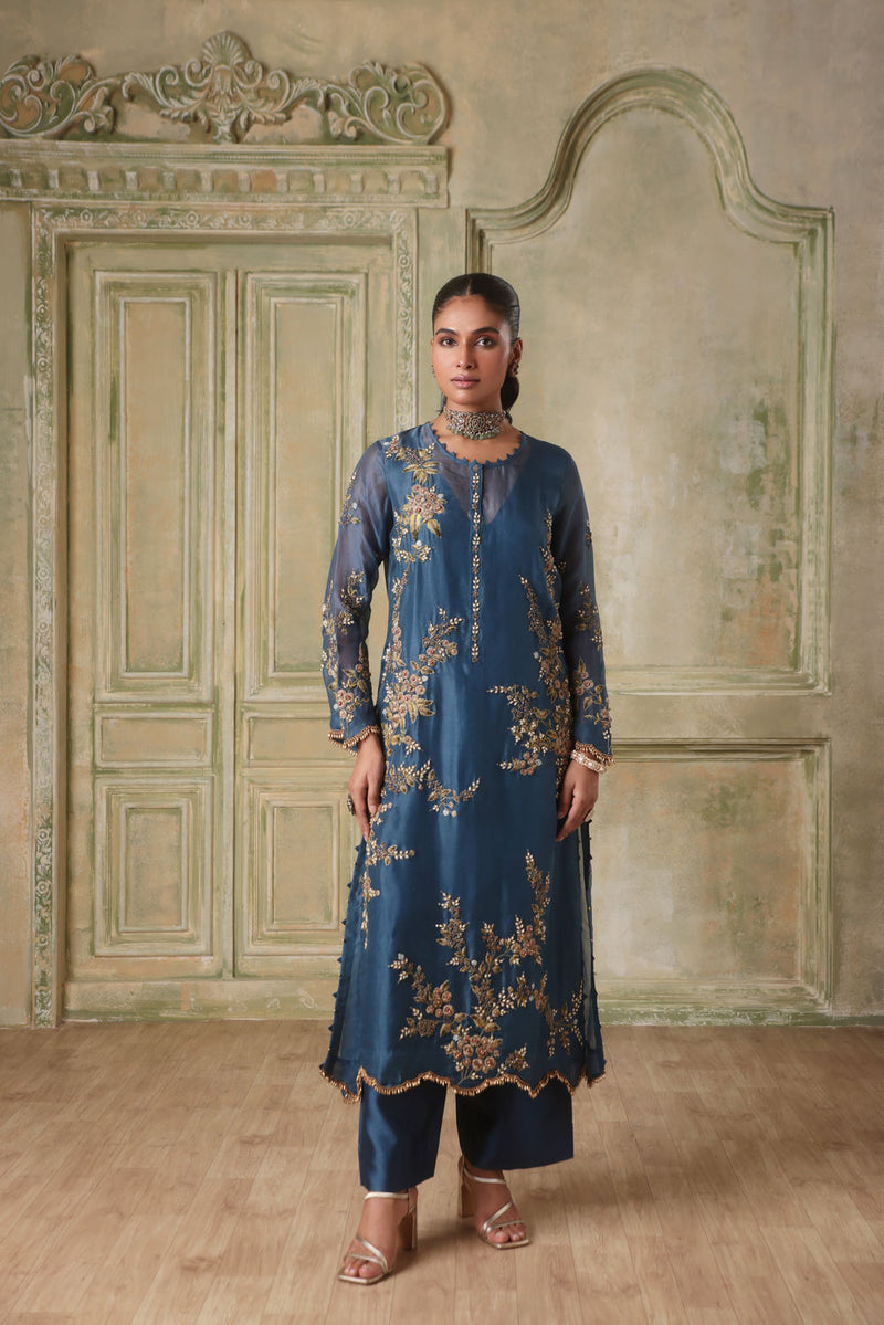 Zar-Rang BlueMulticolor Jaal Kurta Set organza kurta/kurta set by Niti Bothra in blue for women in Singapore