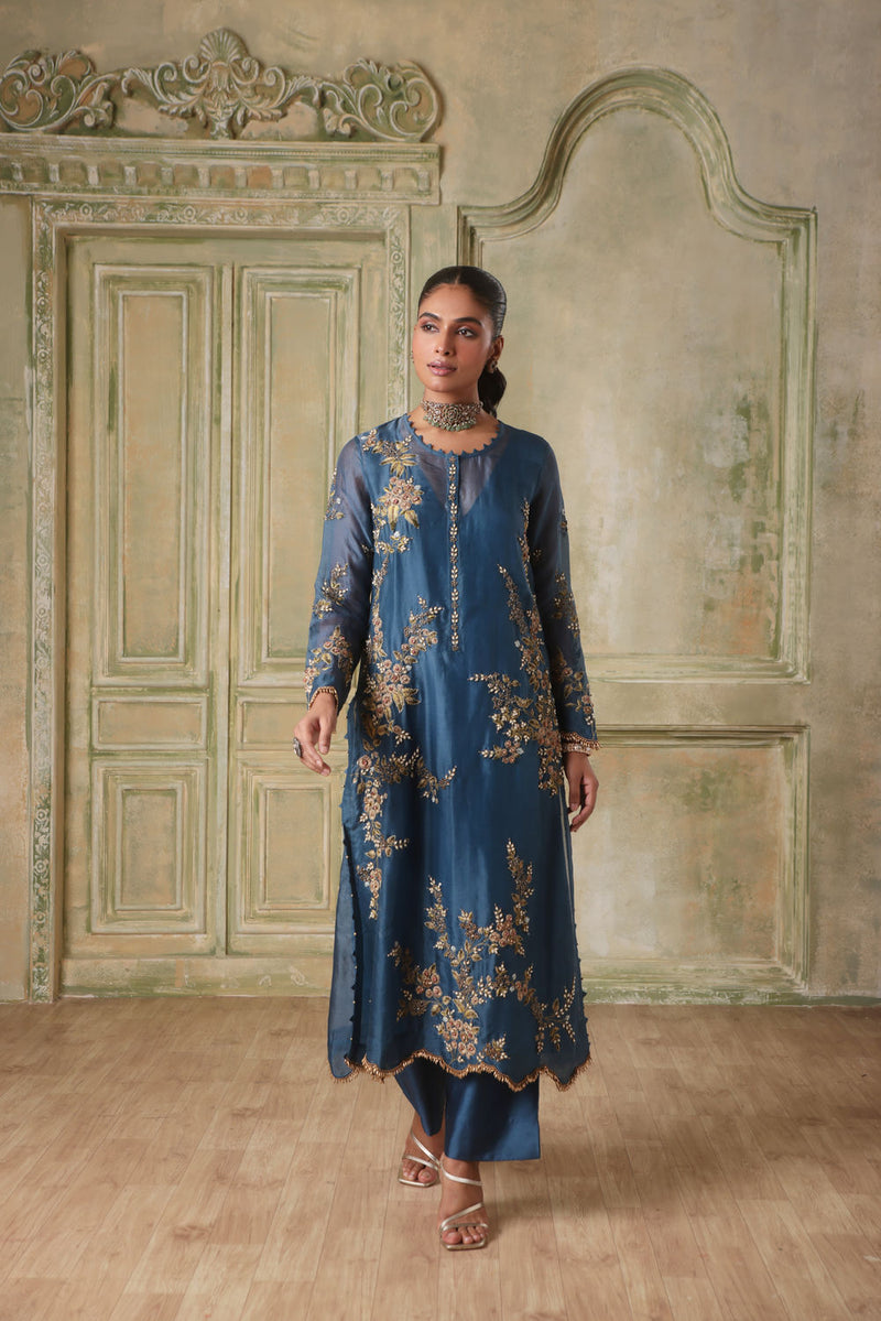 Zar-Rang BlueMulticolor Jaal Kurta Set organza kurta/kurta set by Niti Bothra in blue for women in Singapore