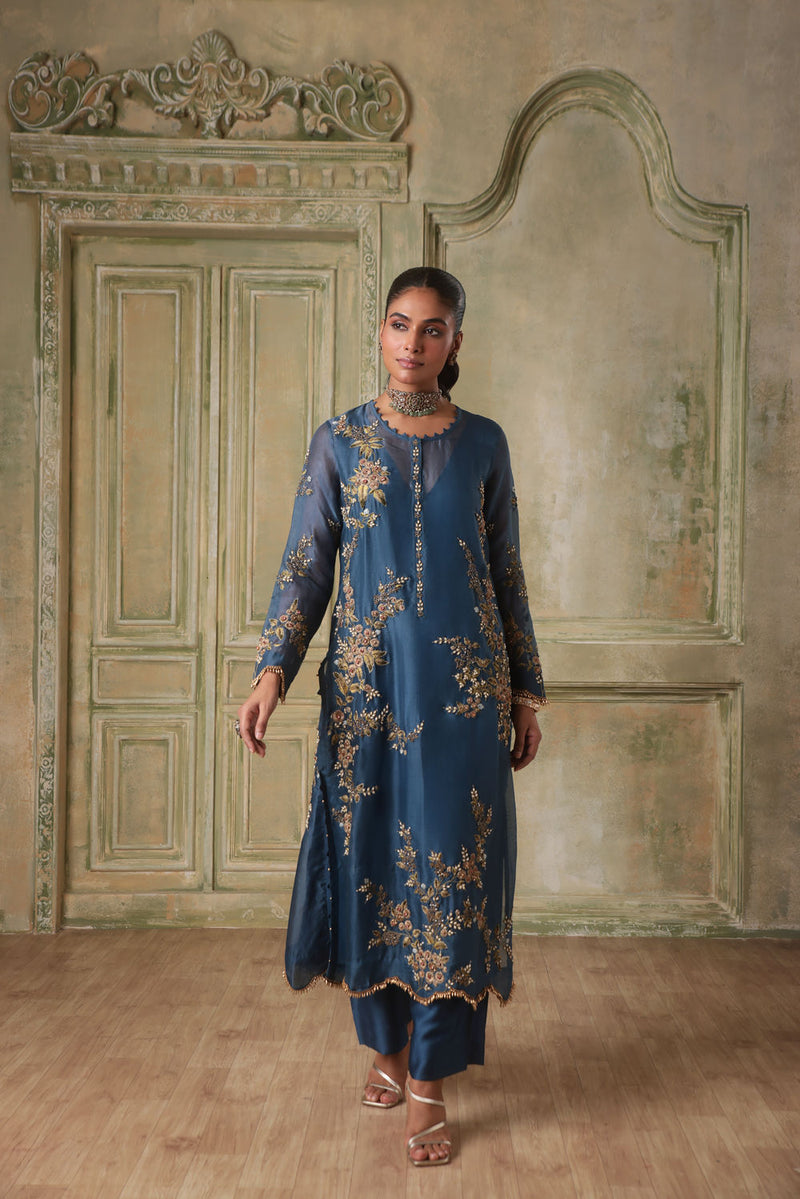 Zar-Rang BlueMulticolor Jaal Kurta Set organza kurta/kurta set by Niti Bothra in blue for women in Singapore
