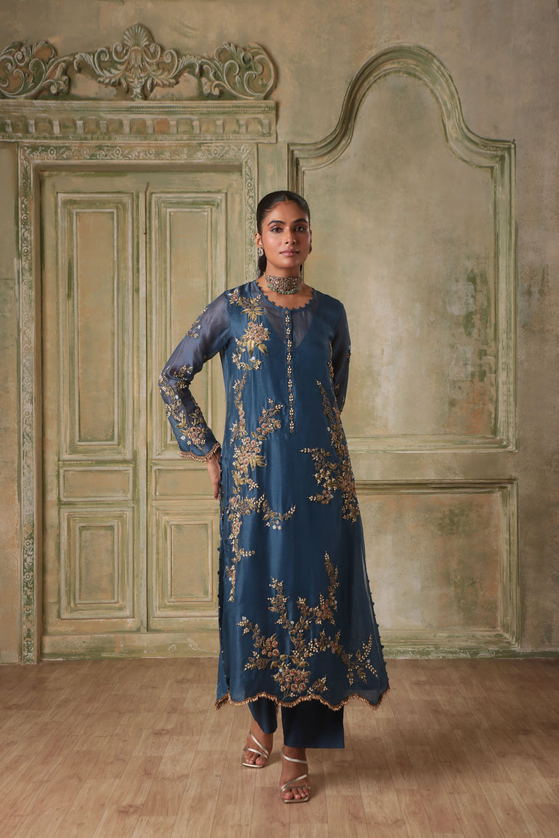 Zar-Rang BlueMulticolor Jaal Kurta Set organza kurta/kurta set by Niti Bothra in blue for women in Singapore