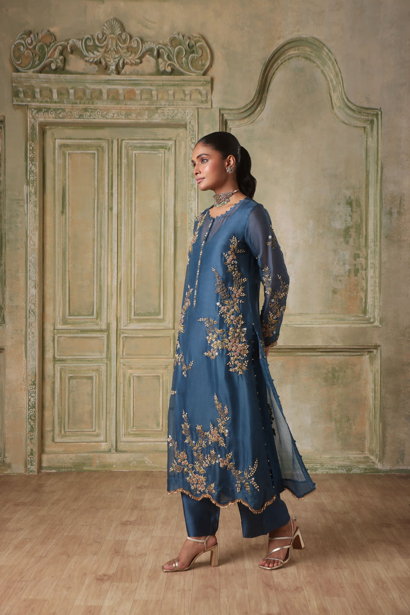 Zar-Rang BlueMulticolor Jaal Kurta Set organza kurta/kurta set by Niti Bothra in blue for women in Singapore