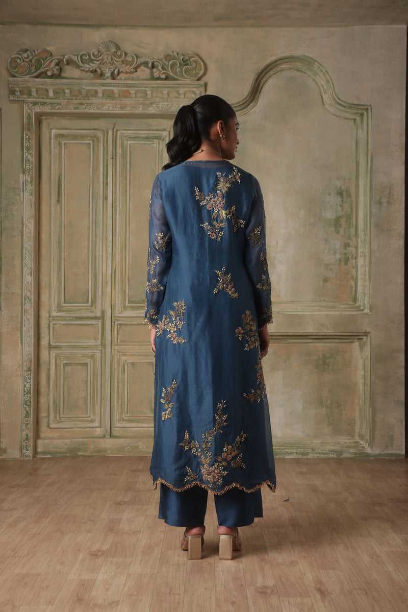Zar-Rang BlueMulticolor Jaal Kurta Set organza kurta/kurta set by Niti Bothra in blue for women in Singapore