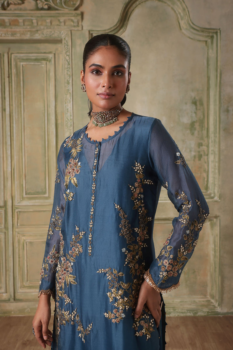Zar-Rang BlueMulticolor Jaal Kurta Set organza kurta/kurta set by Niti Bothra in blue for women in Singapore