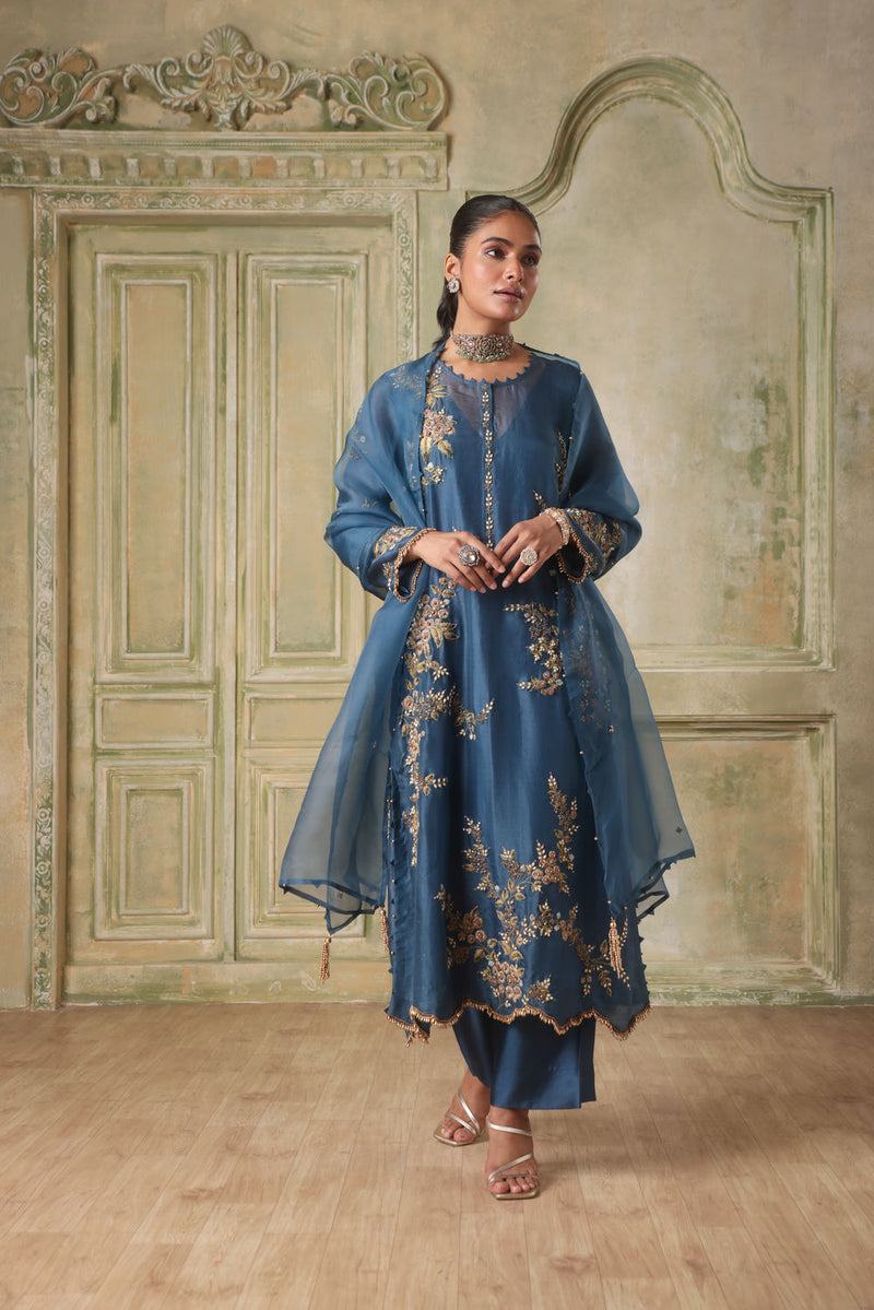 Zar-Rang BlueMulticolor Jaal Kurta Set organza kurta/kurta set by Niti Bothra in blue for women in Singapore