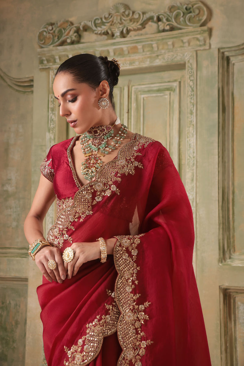 Zar-Rang Maroon Scallop Border Saree Set kora silk saree by Niti Bothra in maroon for women in Singapore