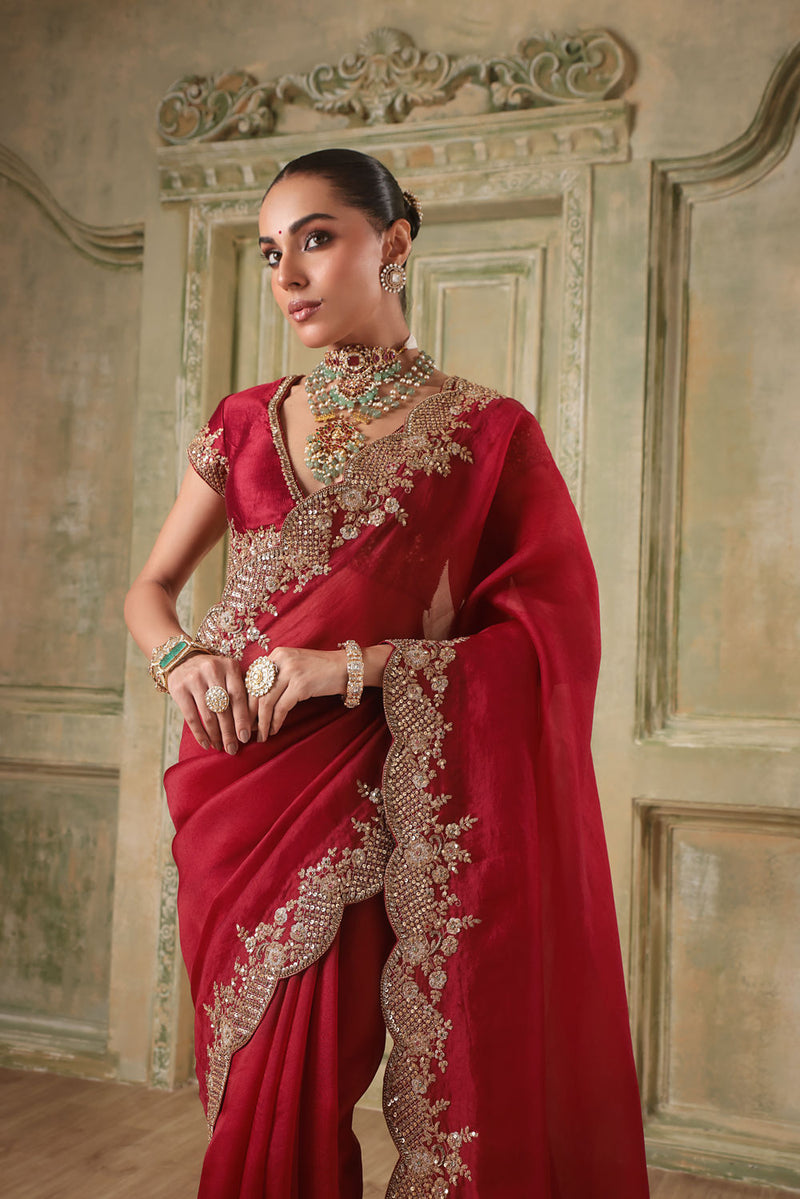 Zar-Rang Maroon Scallop Border Saree Set kora silk saree by Niti Bothra in maroon for women in Singapore