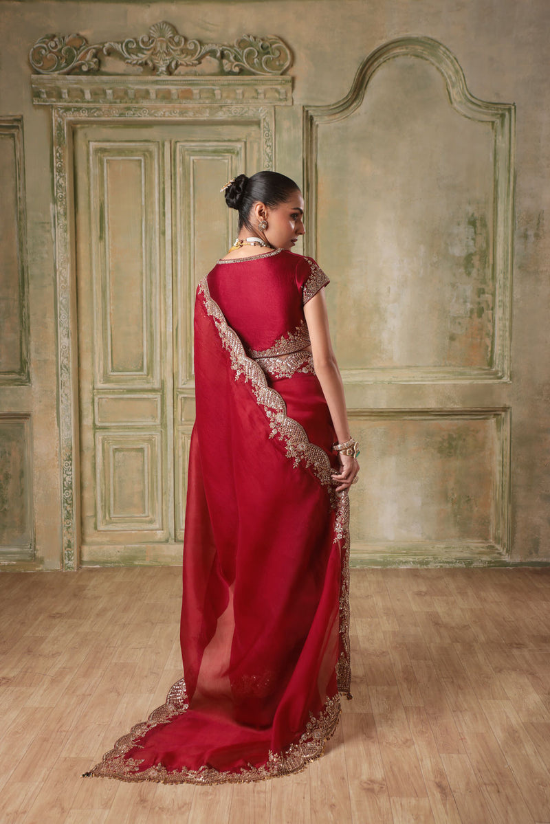 Zar-Rang Maroon Scallop Border Saree Set kora silk saree by Niti Bothra in maroon for women in Singapore