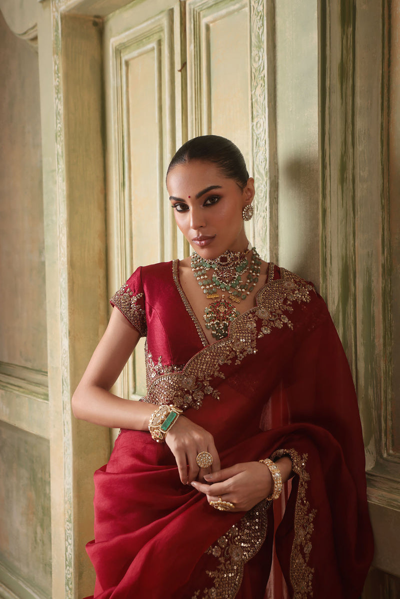Zar-Rang Maroon Scallop Border Saree Set kora silk saree by Niti Bothra in maroon for women in Singapore