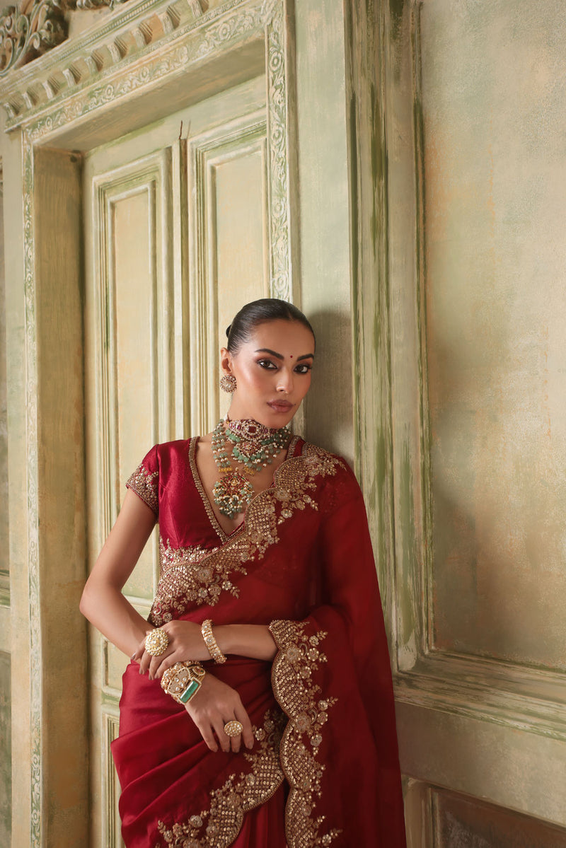 Zar-Rang Maroon Scallop Border Saree Set kora silk saree by Niti Bothra in maroon for women in Singapore