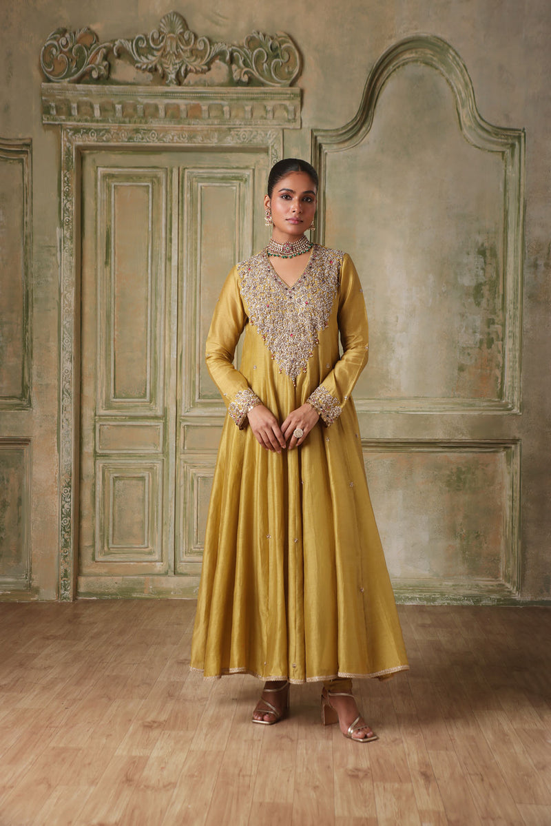 Zar-Rang Green V Neck Kalidar Set silk chanderi kurta/kurta set by Niti Bothra in light green for women in Singapore