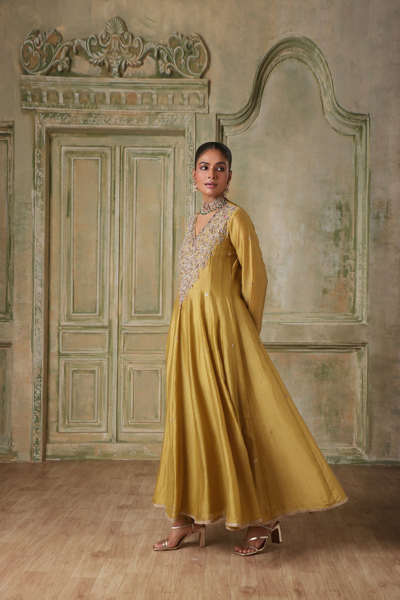Zar-Rang Green V Neck Kalidar Set silk chanderi kurta/kurta set by Niti Bothra in light green for women in Singapore