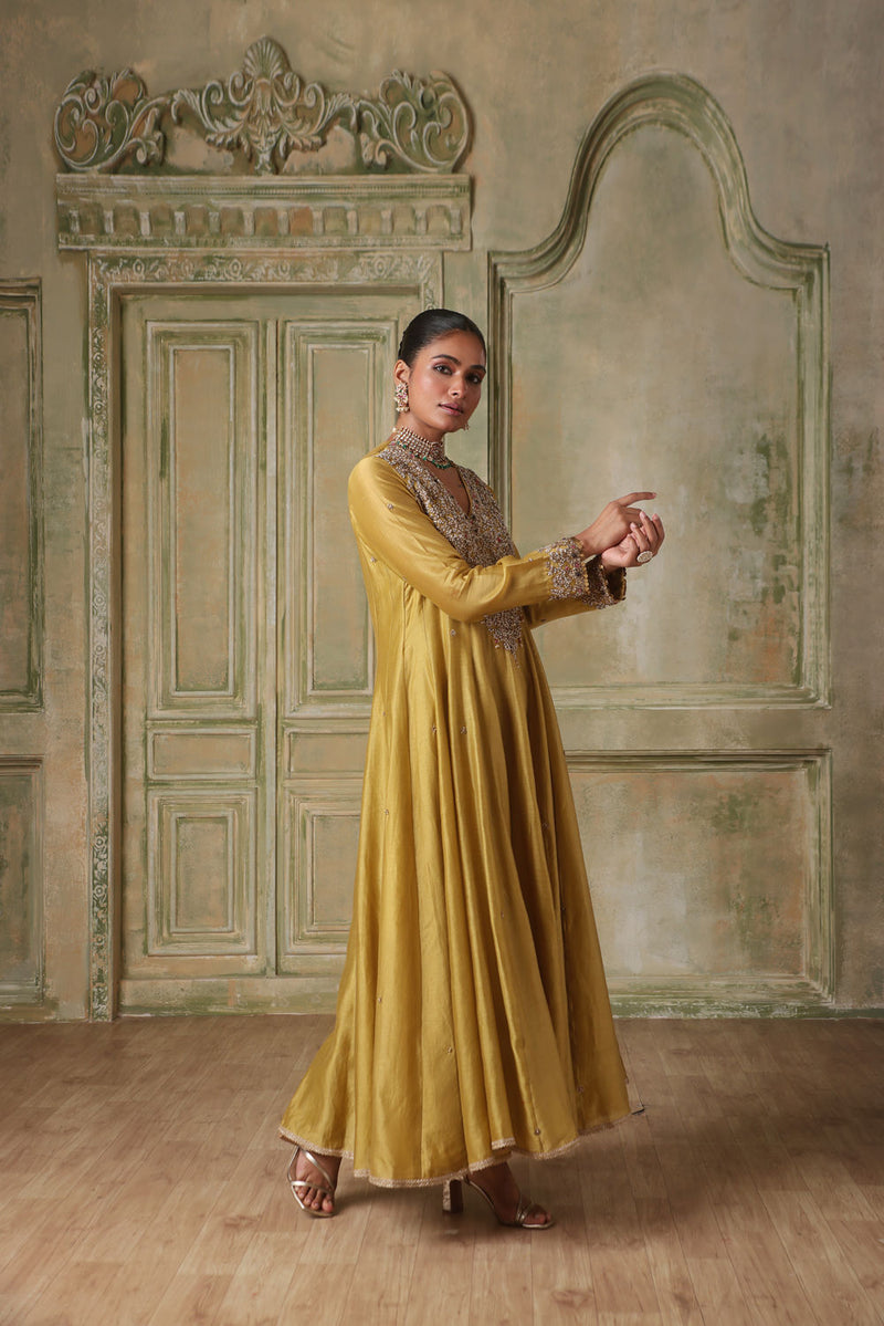 Zar-Rang Green V Neck Kalidar Set silk chanderi kurta/kurta set by Niti Bothra in light green for women in Singapore