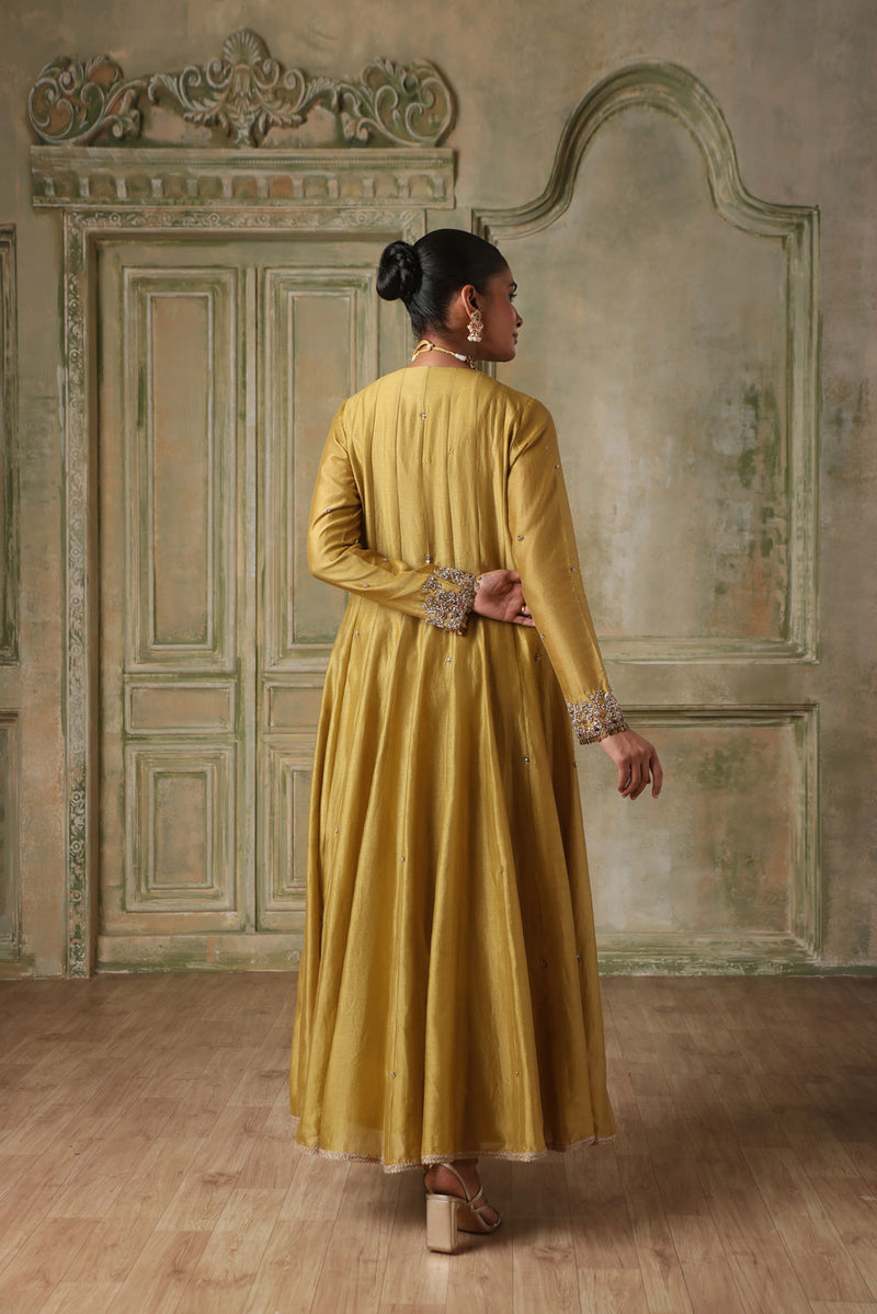 Zar-Rang Green V Neck Kalidar Set silk chanderi kurta/kurta set by Niti Bothra in light green for women in Singapore