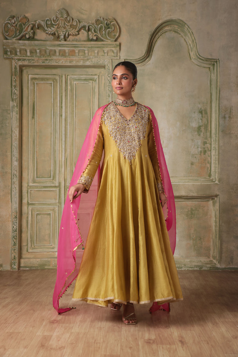 Zar-Rang Green V Neck Kalidar Set silk chanderi kurta/kurta set by Niti Bothra in light green for women in Singapore