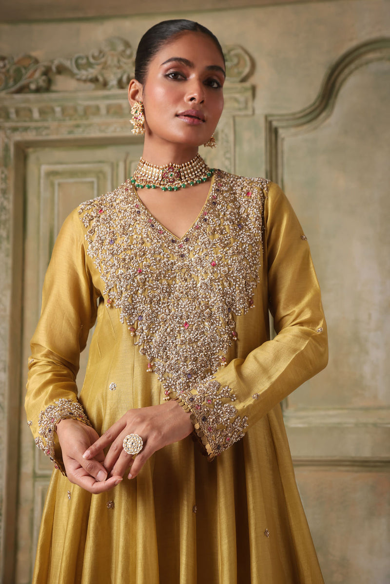 Zar-Rang Green V Neck Kalidar Set silk chanderi kurta/kurta set by Niti Bothra in light green for women in Singapore